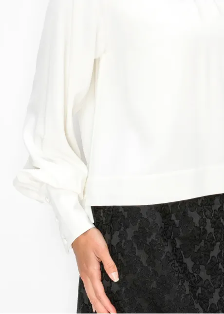 White Mock Neck Blouson Sleeve Top