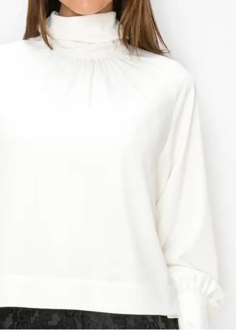 White Mock Neck Blouson Sleeve Top