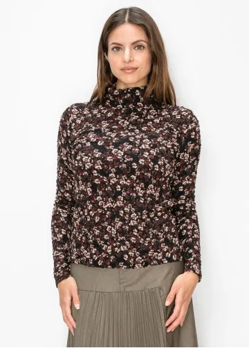 Textured Floral Turtleneck Top, Black and Rust