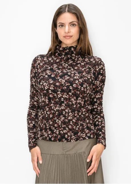 Textured Floral Turtleneck Top, Black and Rust