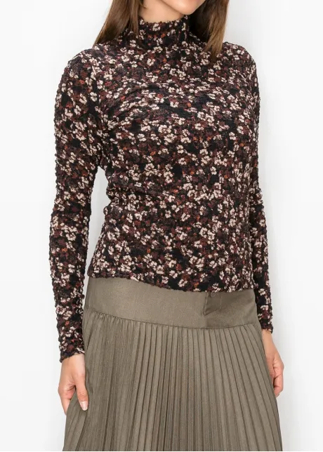 Textured Floral Turtleneck Top, Black and Rust