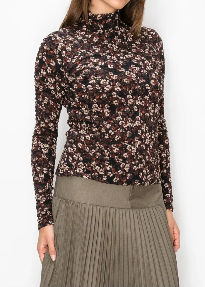 Textured Floral Turtleneck Top, Black and Rust