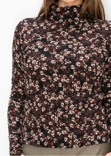 Textured Floral Turtleneck Top, Black and Rust