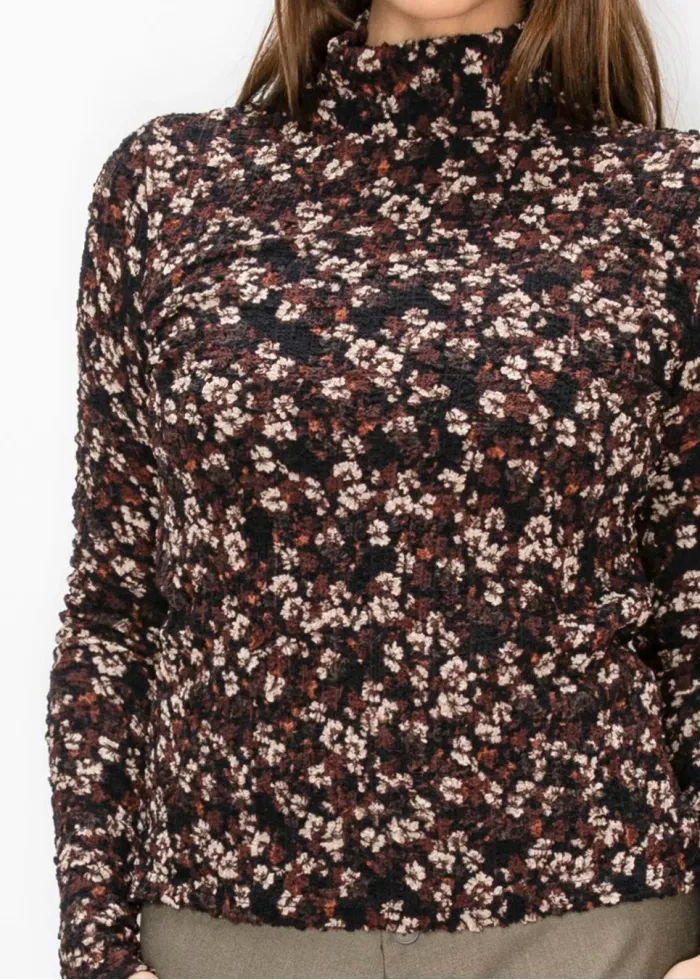 Textured Floral Turtleneck Top, Black and Rust