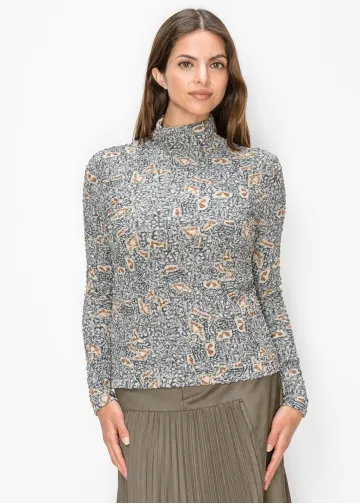 Grey Printed Textured Mock Neck Top