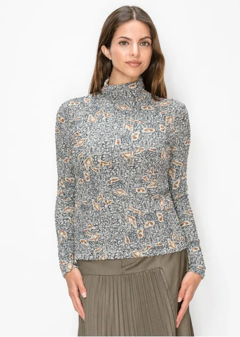 Grey Printed Textured Mock Neck Top