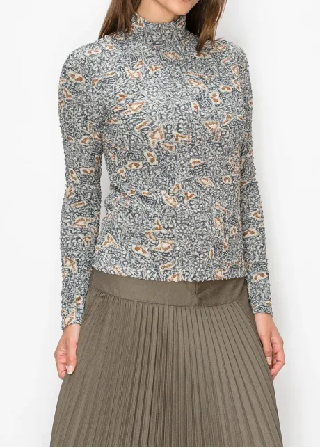 Grey Printed Textured Mock Neck Top