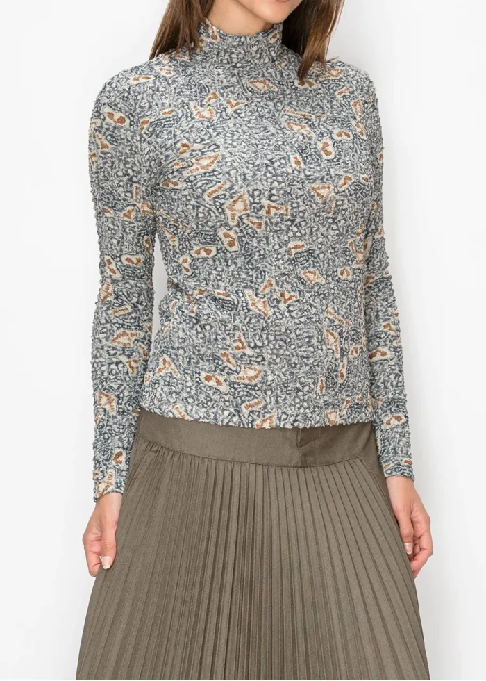 Grey Printed Textured Mock Neck Top