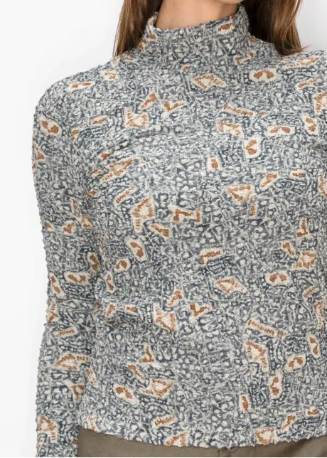 Grey Printed Textured Mock Neck Top