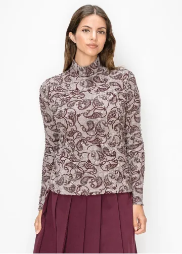Grey Paisley Textured Mock Neck Top