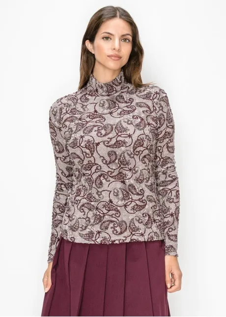 Grey Paisley Textured Mock Neck Top