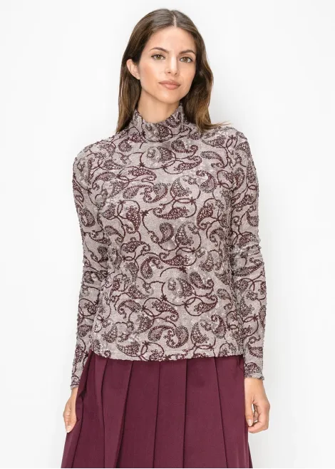 Grey Paisley Textured Mock Neck Top
