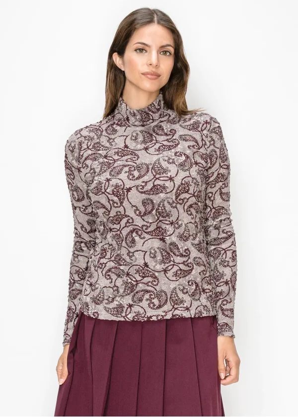 Grey Paisley Textured Mock Neck Top