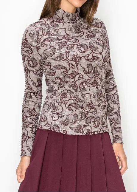 Grey Paisley Textured Mock Neck Top