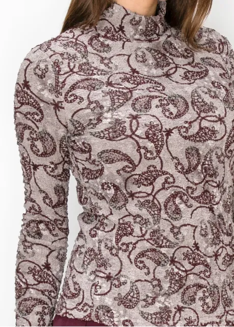 Grey Paisley Textured Mock Neck Top