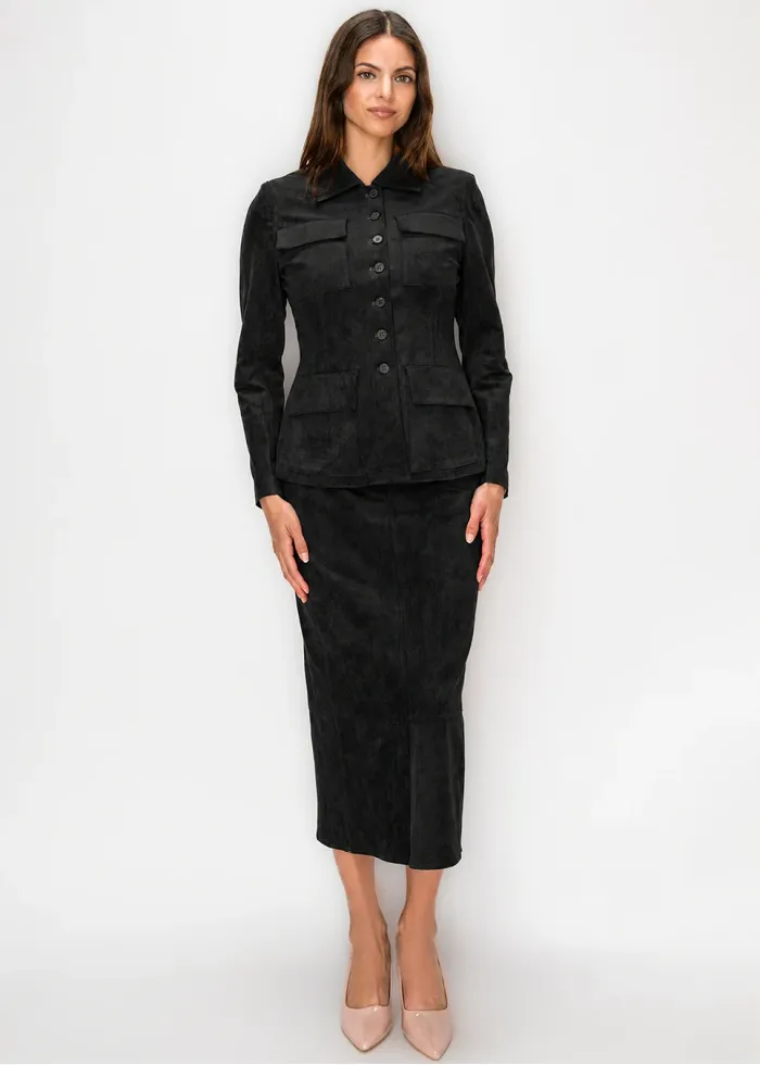 Long Suede Effect Skirt in Black
