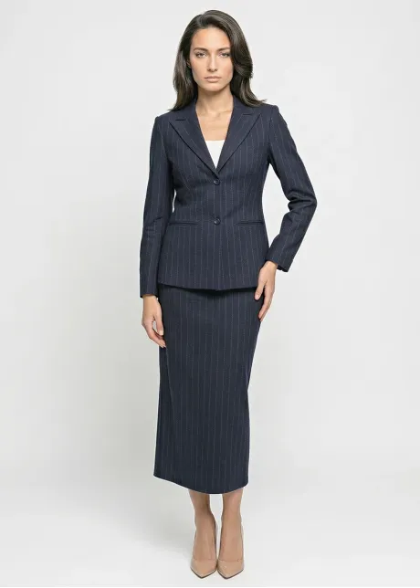Navy Pinstripe Midi Pencil Skirt