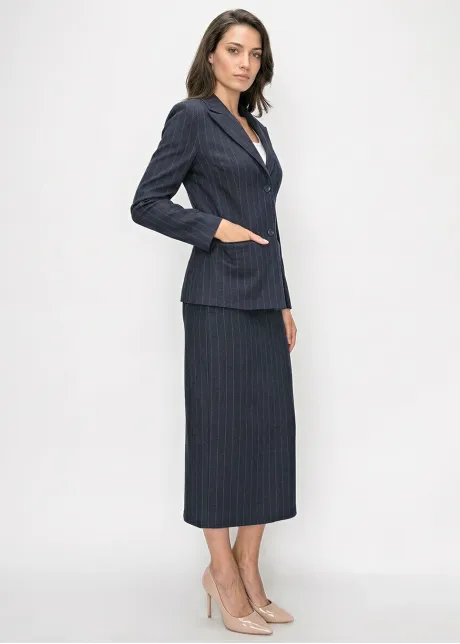 Navy Pinstripe Midi Pencil Skirt
