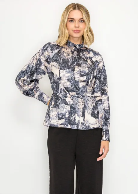 High Neck Printed Blouse in Navy