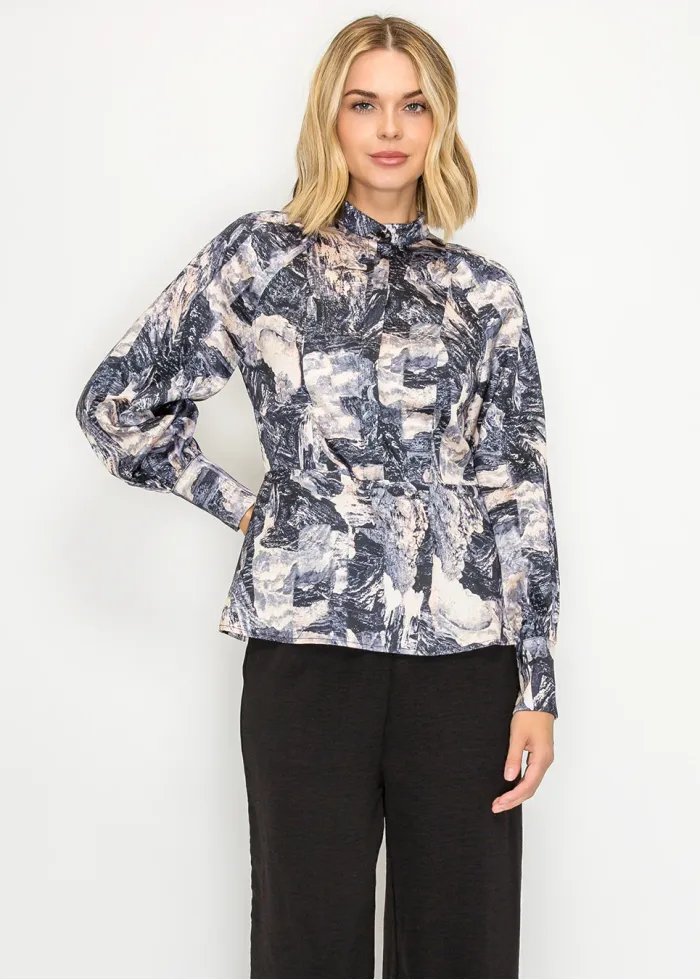 High Neck Printed Blouse in Navy