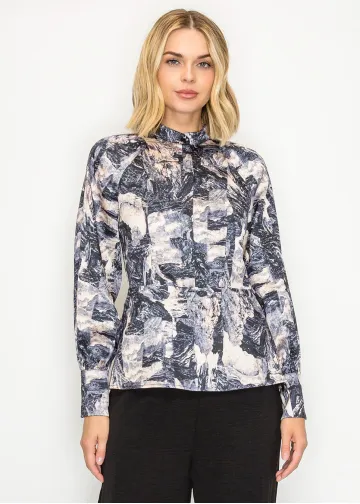 High Neck Printed Blouse in Navy