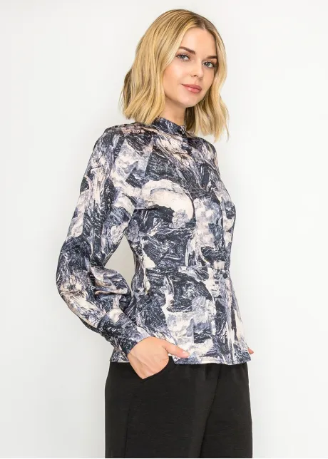 High Neck Printed Blouse in Navy