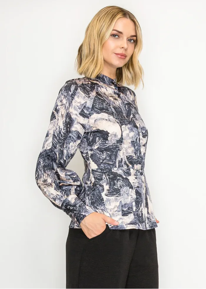 High Neck Printed Blouse in Navy