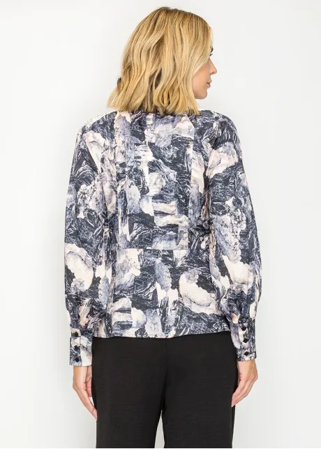 High Neck Printed Blouse in Navy
