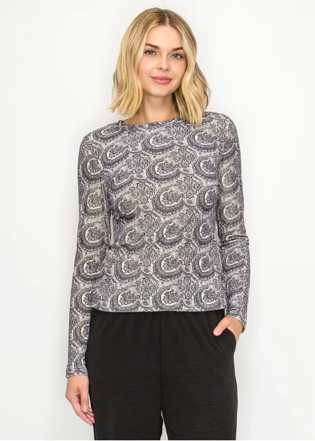 Navy Paisley Print Long Sleeve Top