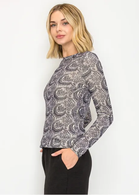 Navy Paisley Print Long Sleeve Top