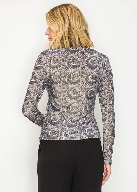 Navy Paisley Print Long Sleeve Top