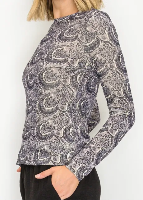 Navy Paisley Print Long Sleeve Top