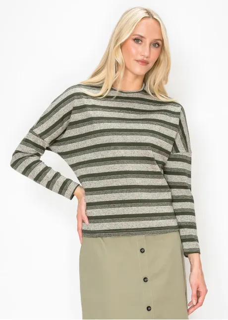 Heathered Stripe Long Sleeve Top in Olive
