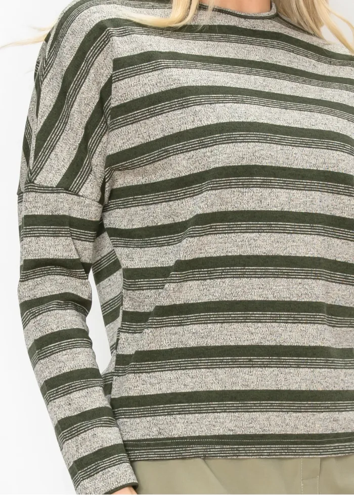 Heathered Stripe Long Sleeve Top in Olive