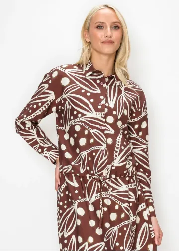 Leaf Print Blouse with Drawstring Hem