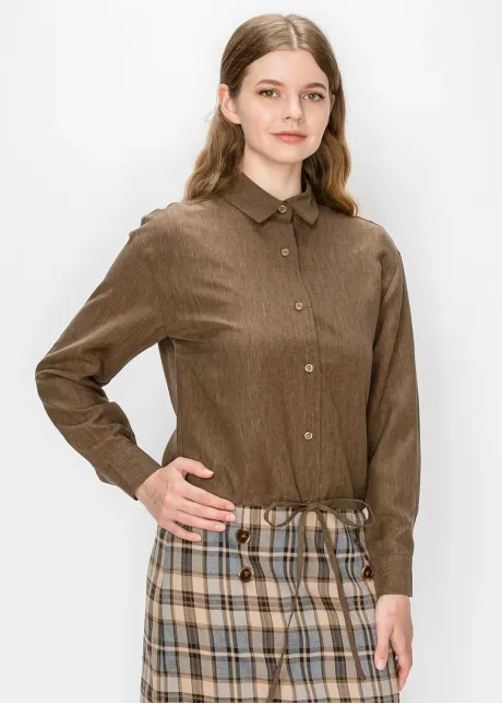 Button Front Blouse in Heathered Brown