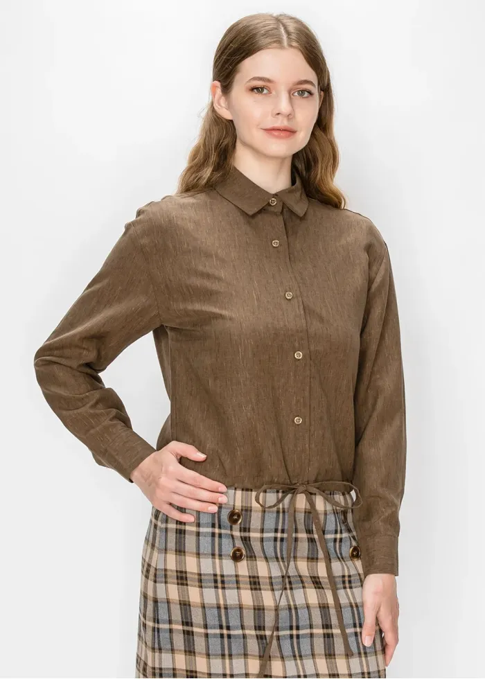 Button Front Blouse in Heathered Brown