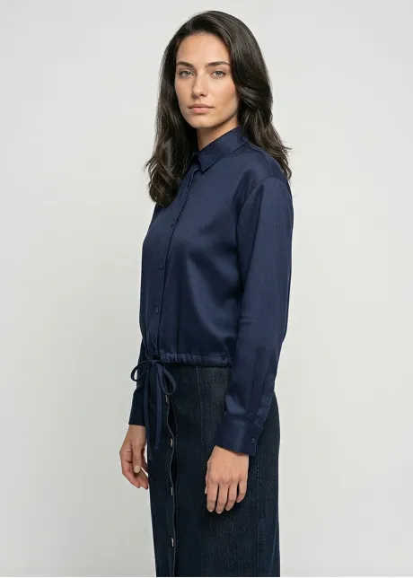 Navy Herringbone Blouse with Drawstring Hem