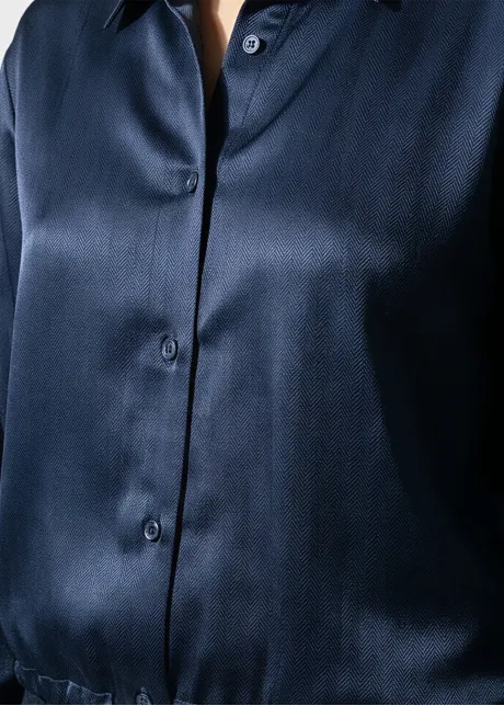 Navy Herringbone Blouse with Drawstring Hem