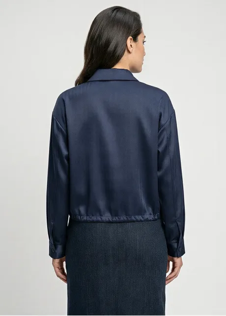 Navy Herringbone Blouse with Drawstring Hem