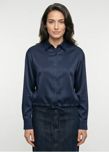 Navy Herringbone Blouse with Drawstring Hem