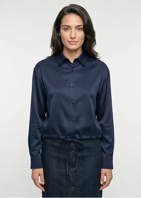 Navy Herringbone Blouse with Drawstring Hem