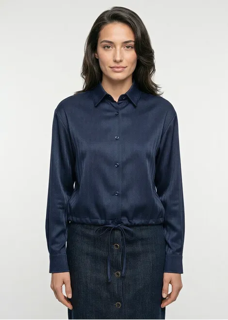Navy Herringbone Blouse with Drawstring Hem