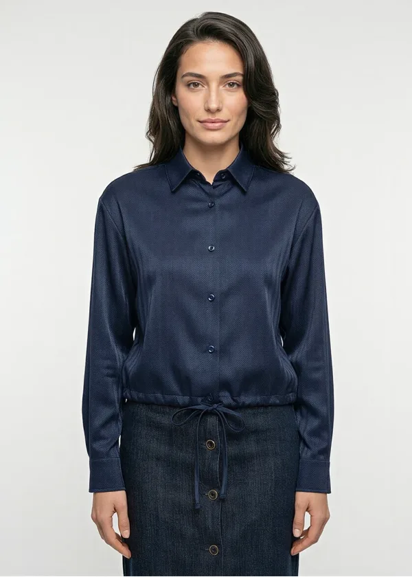 Navy Herringbone Blouse with Drawstring Hem