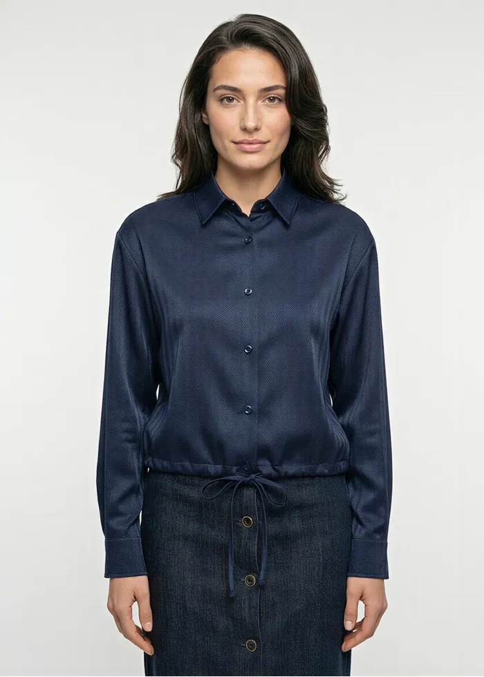 Navy Herringbone Blouse with Drawstring Hem