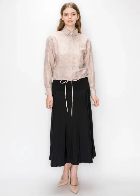 Pink Drawstring Hem Shirt with Marbled Print