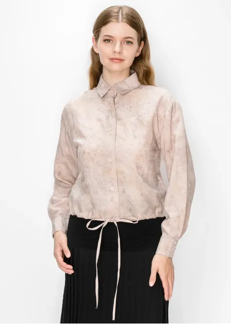 Pink Drawstring Hem Shirt with Marbled Print