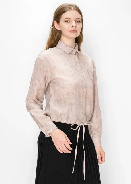 Pink Drawstring Hem Shirt with Marbled Print