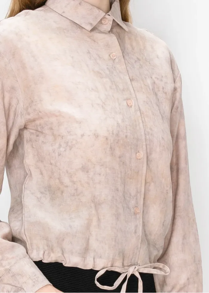 Pink Drawstring Hem Shirt with Marbled Print