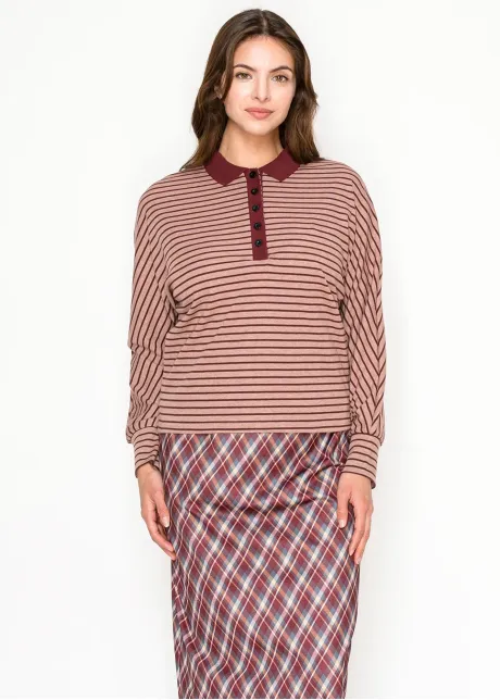 Striped Collared Top in Rose and Burgundy